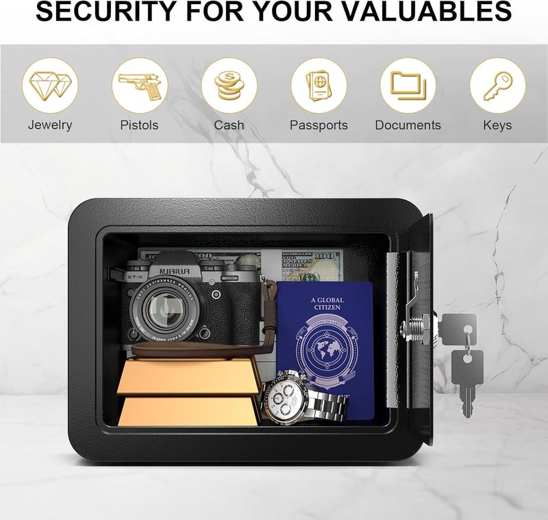 Marcree 0.23 Cub Safe, Small Safe Box with Key, Mini Home Safes for Money, Coin and Cash, Security Safes for Kids, Lock Box for Personal Items, Black, 6.69 x 9.06 x 6.69 Inches - Image 5